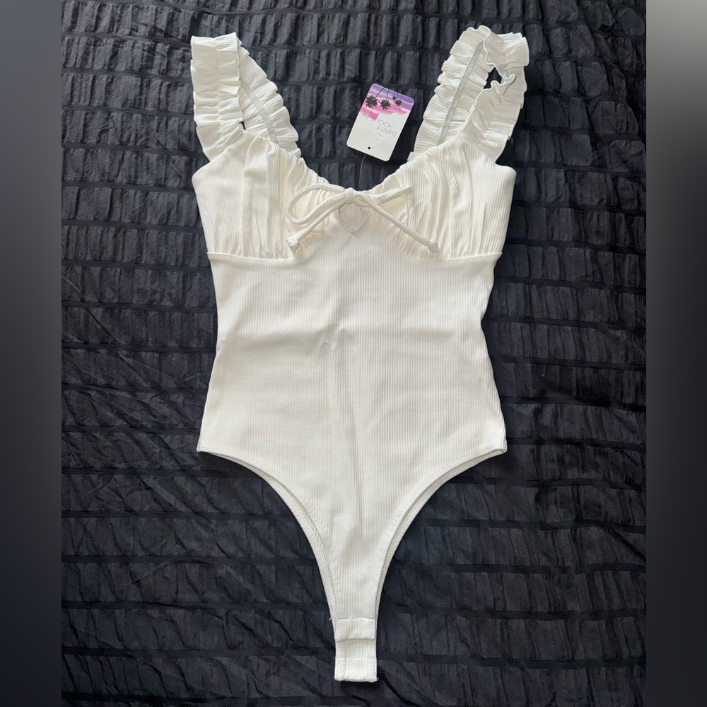 Charlotte Avery Ruffle Strap Ribbed Bodysuit